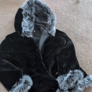 Elegant Black Faux Fur Coat with Gray Accents